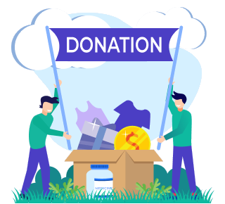 Illustration of people holding a donation banner over a box of donated goods