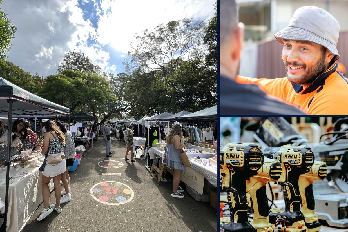 Shoppers browsing stalls at a sunny outdoor market, a smiling tradie in hi-vis, and cordless drills lined up for hire